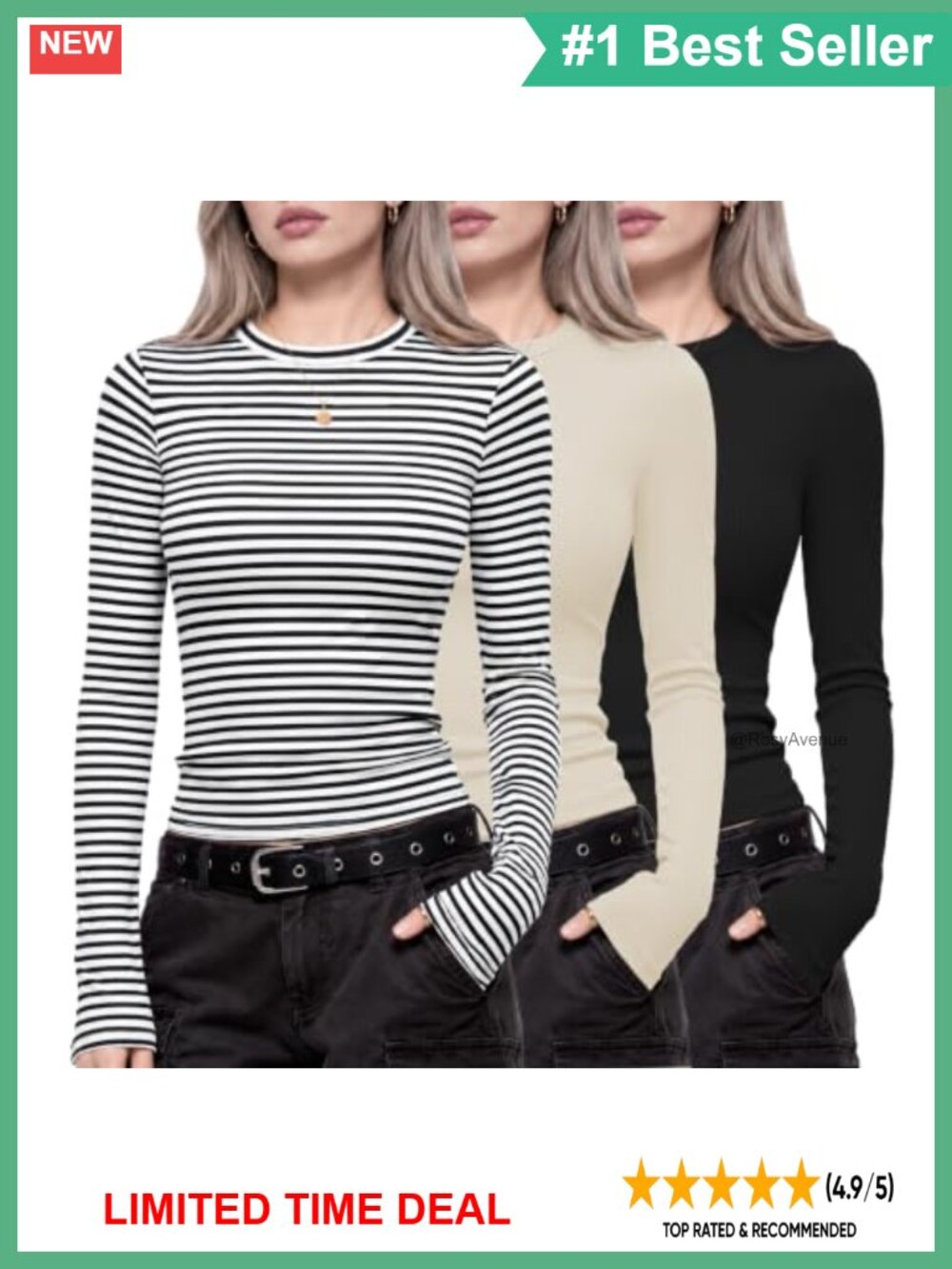 Womens Rib Knit Long Sleeve Slim Fit Undershirt Tees 3 Pack